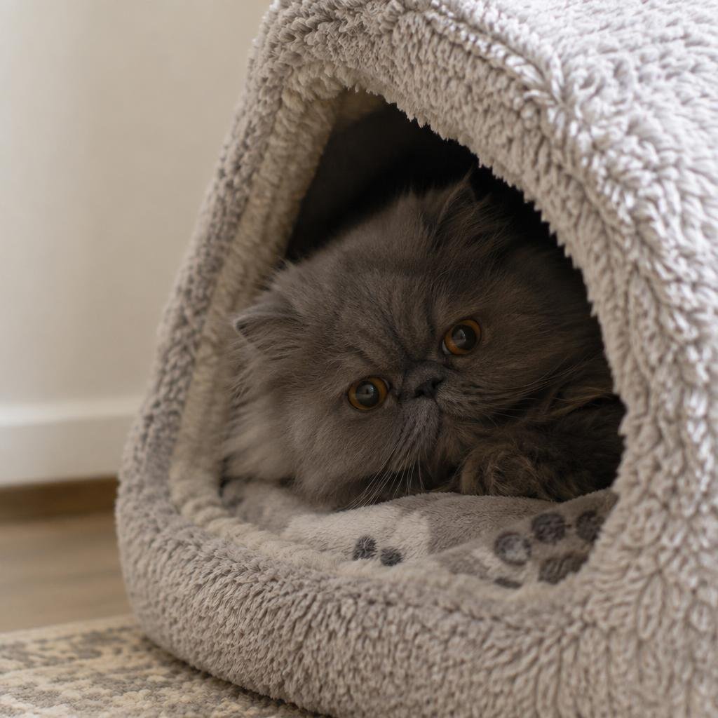 A shy smoke-grey Persian cat peeking out of a covered bed