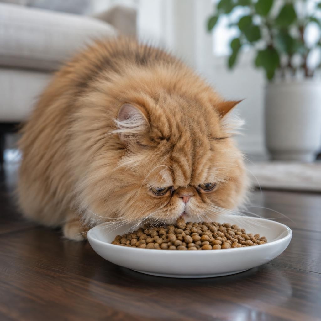 A ginger Persian cat eating kibble from a wide, shallow white plate on a wooden floor