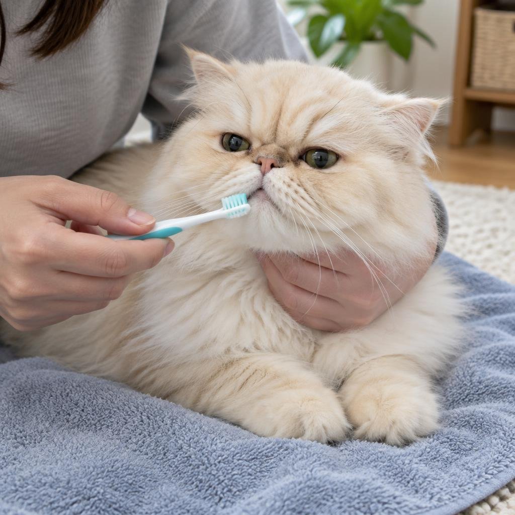 An owner gently brushing a cream Persian cat's teeth with a pet toothbrush