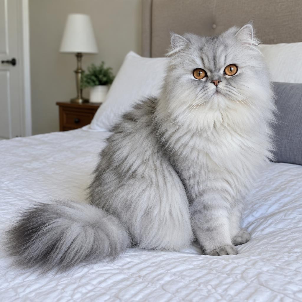 A shaded silver Persian cat with clean, bright copper eyes sitting on a bed