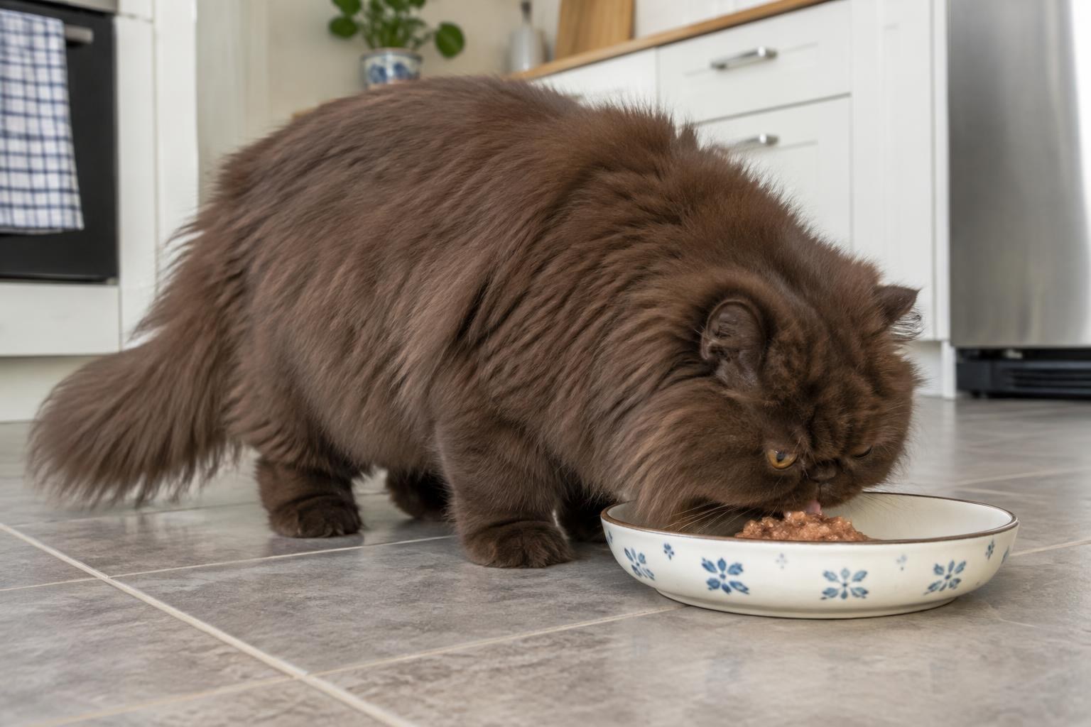 A chocolate Persian cat eating wet food from a wide shallow dish