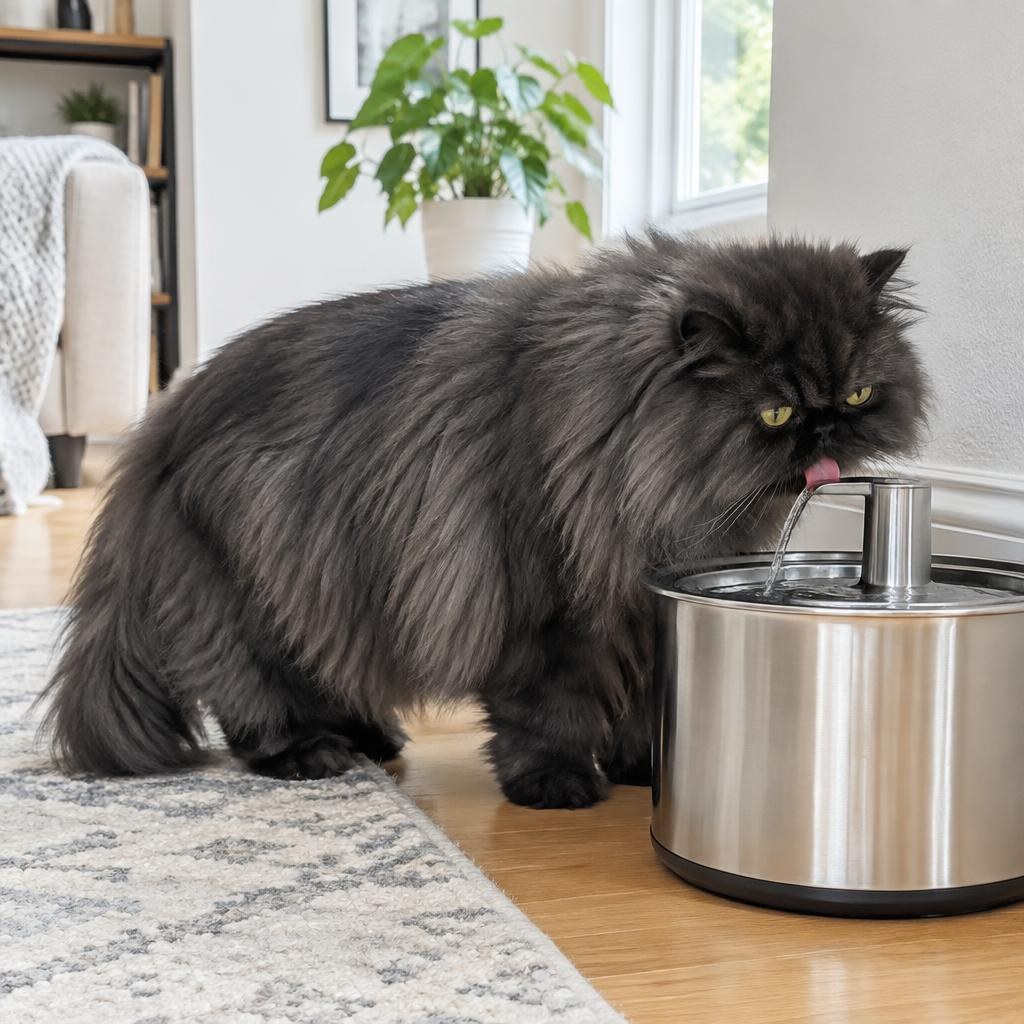 A black smoke Persian cat drinking from a stainless steel water fountain