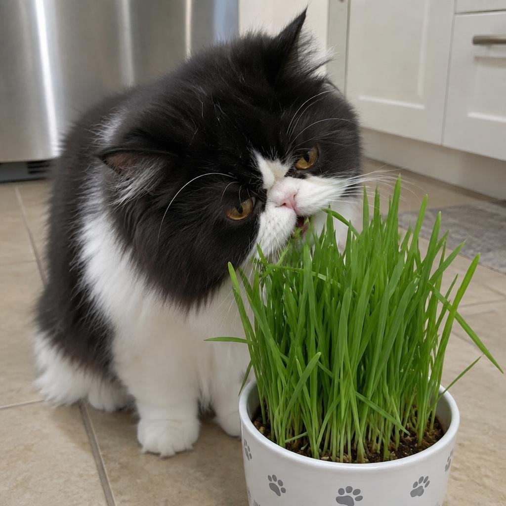 A black and white Persian cat nibbling fresh grass in a pot