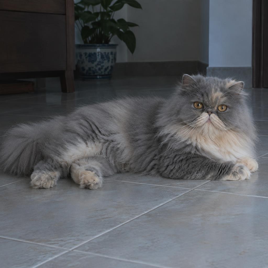 A blue-cream Persian cat resting on a cool tiled floor
