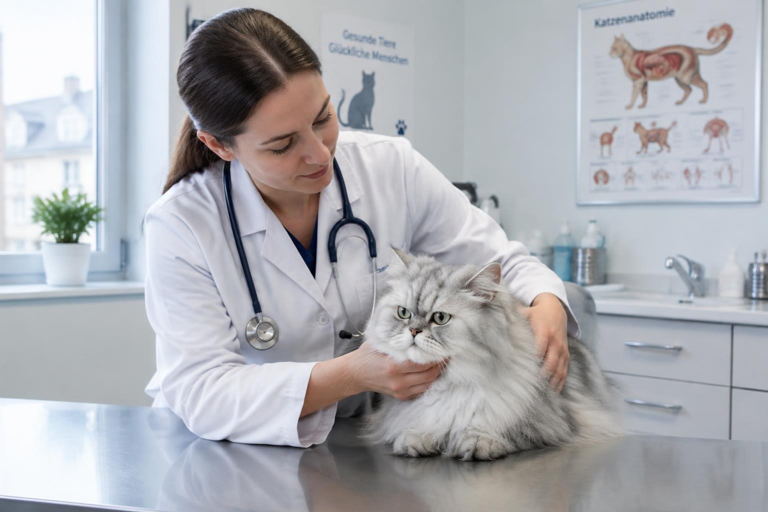 A veterinarian gently examining a silver Persian cat on an exam table