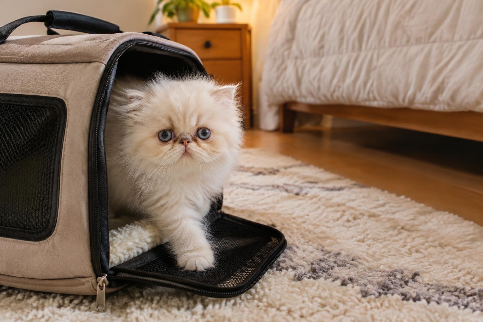 A cream Persian kitten stepping out of a soft pet carrier onto a bedroom rug