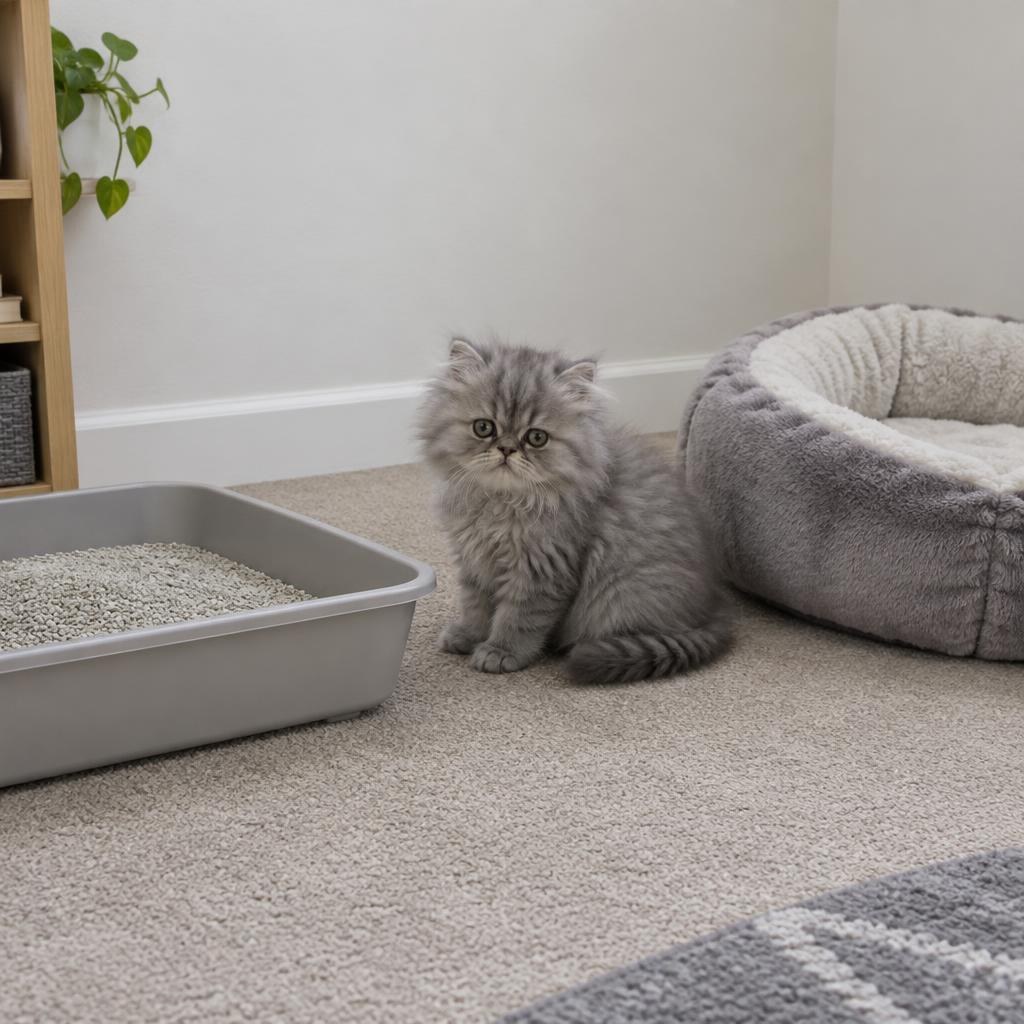 A grey Persian kitten sitting between a shallow litter box and a plush bed