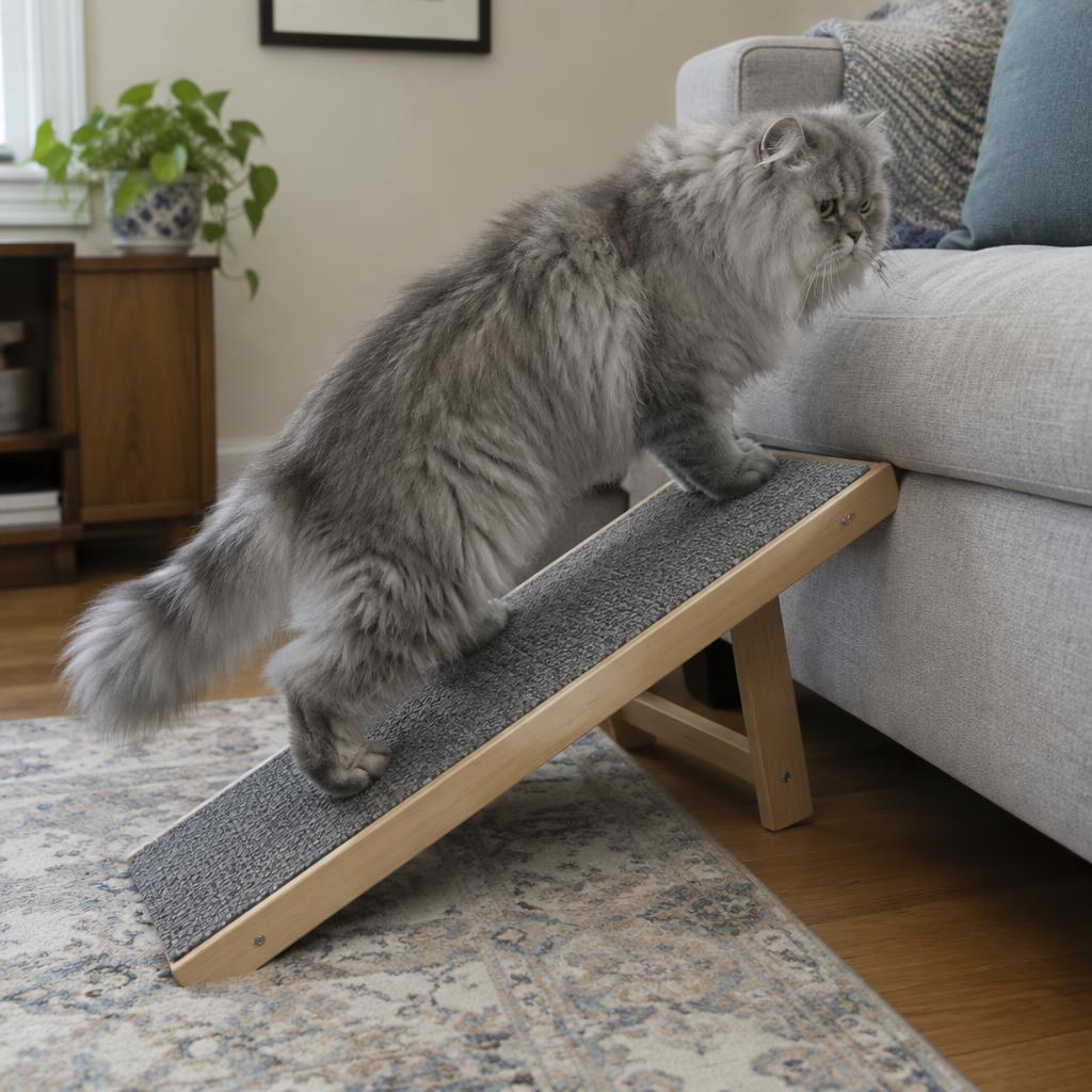 An older grey Persian cat climbing a small pet ramp onto a sofa