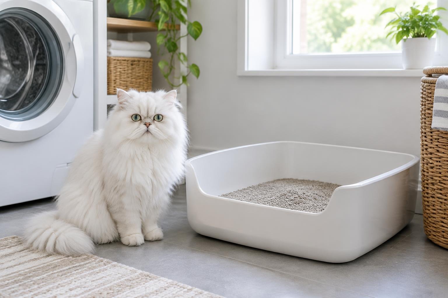 A white Persian cat sitting beside a large low-sided litter box in a bright laundry room