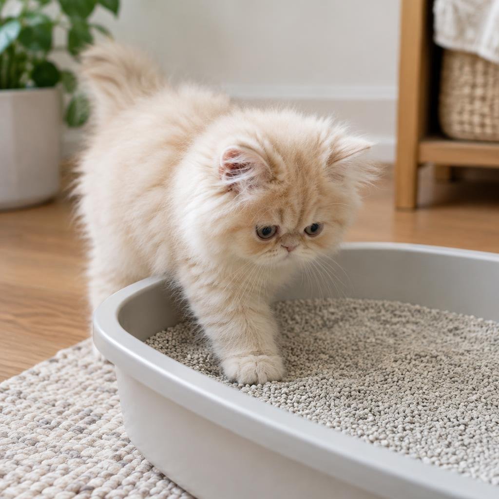 A cream Persian kitten stepping into a shallow litter box