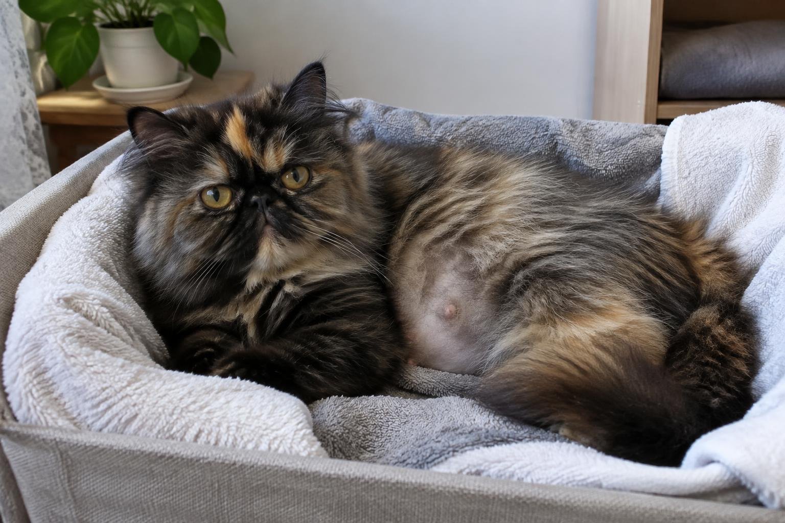 A pregnant tortoiseshell Persian cat resting in a nesting box lined with towels