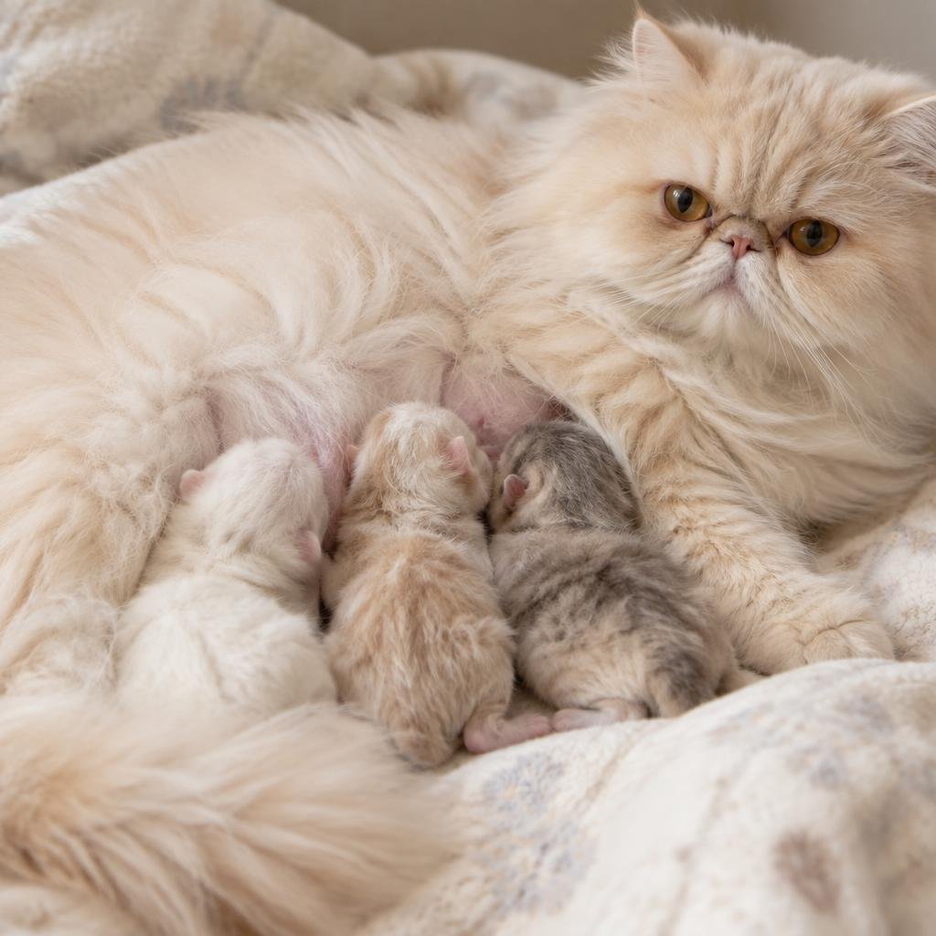 A cream Persian mother nursing newborn kittens on a blanket