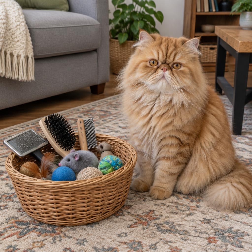 A red tabby Persian cat beside a basket of grooming brushes and toys