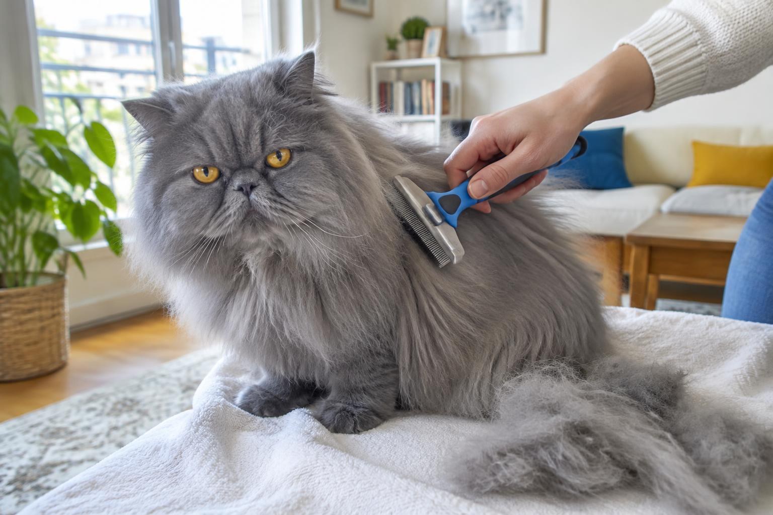 A blue Persian cat being brushed with a deshedding comb on a towel
