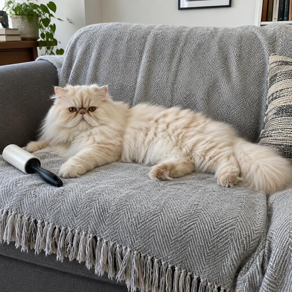 A cream Persian cat lounging on a sofa covered with a washable throw and a lint roller