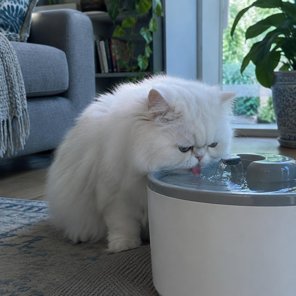 A white Persian cat drinking from a pet water fountain in a shaded living room