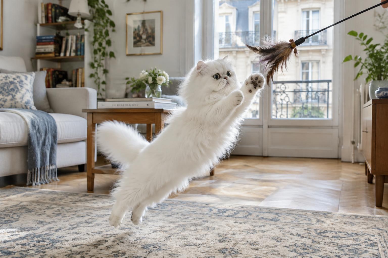A white Persian cat leaping at a feather wand toy in a bright apartment