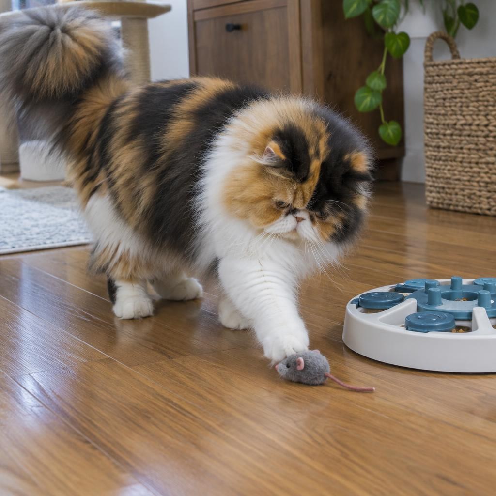 A calico Persian cat batting a toy mouse beside a puzzle feeder