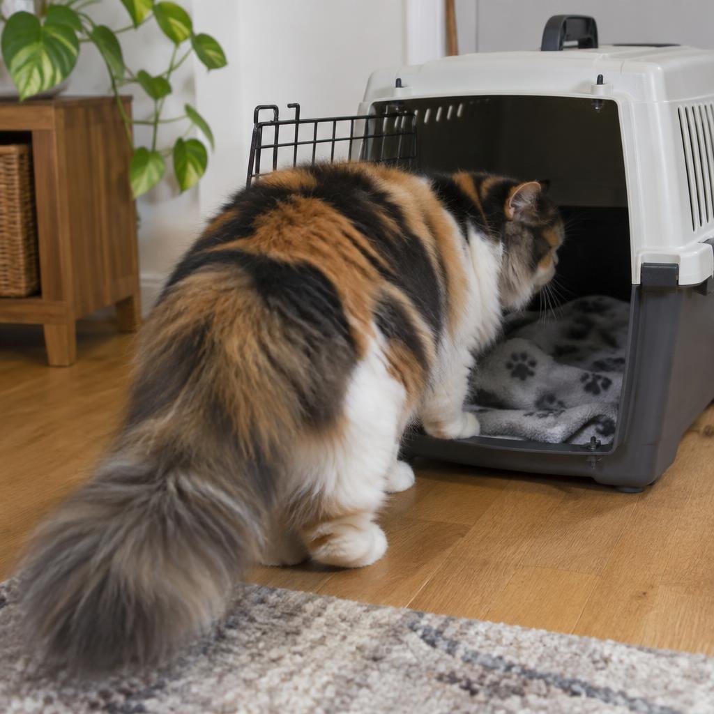 A calico Persian cat walking calmly into an open pet carrier