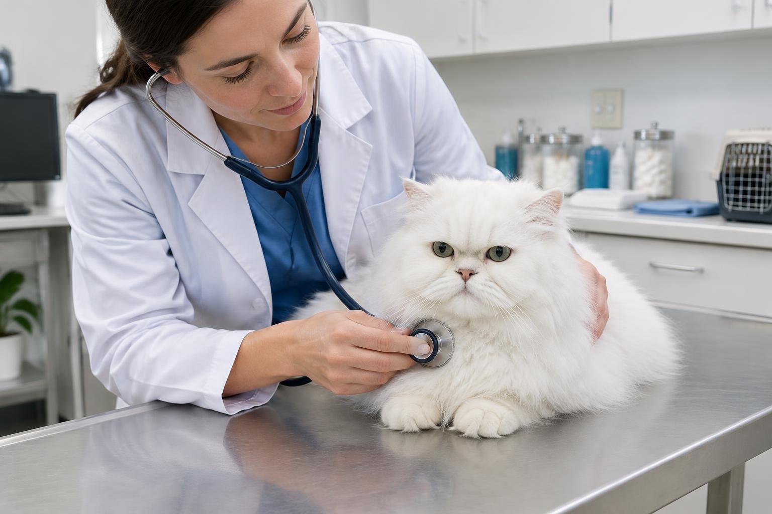 A white Persian cat being examined with a stethoscope on a vet table