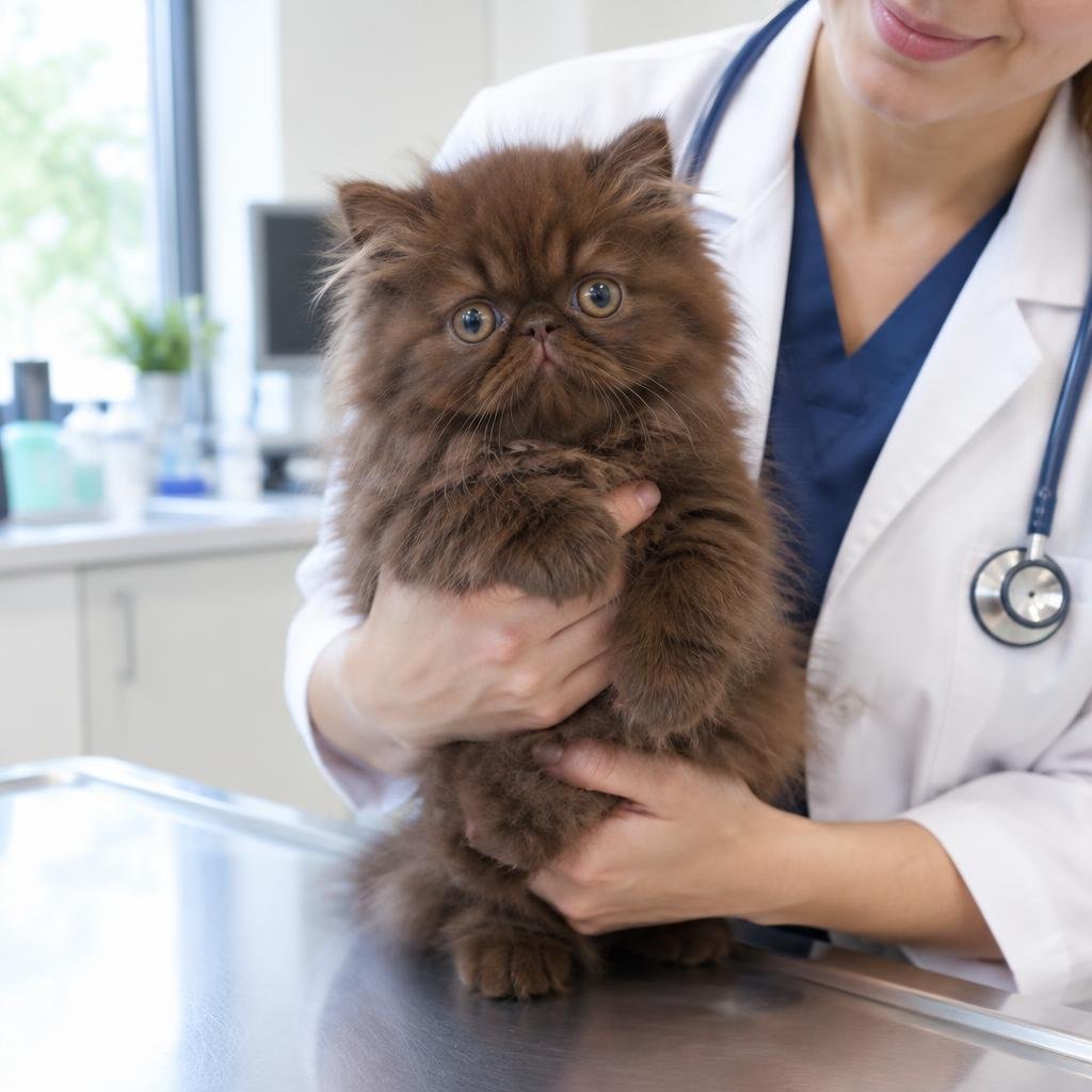 A chocolate Persian kitten held gently by a veterinarian