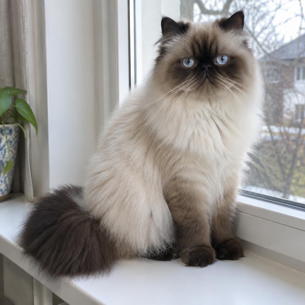 A seal point Himalayan with blue eyes sitting on a windowsill