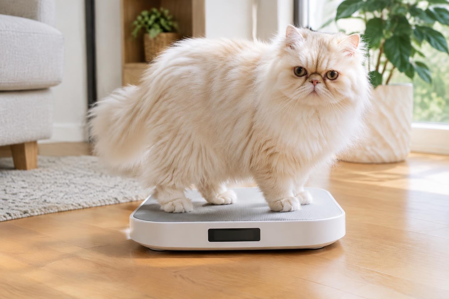 A fluffy cream Persian cat standing on a white pet scale on a wooden floor in a bright home