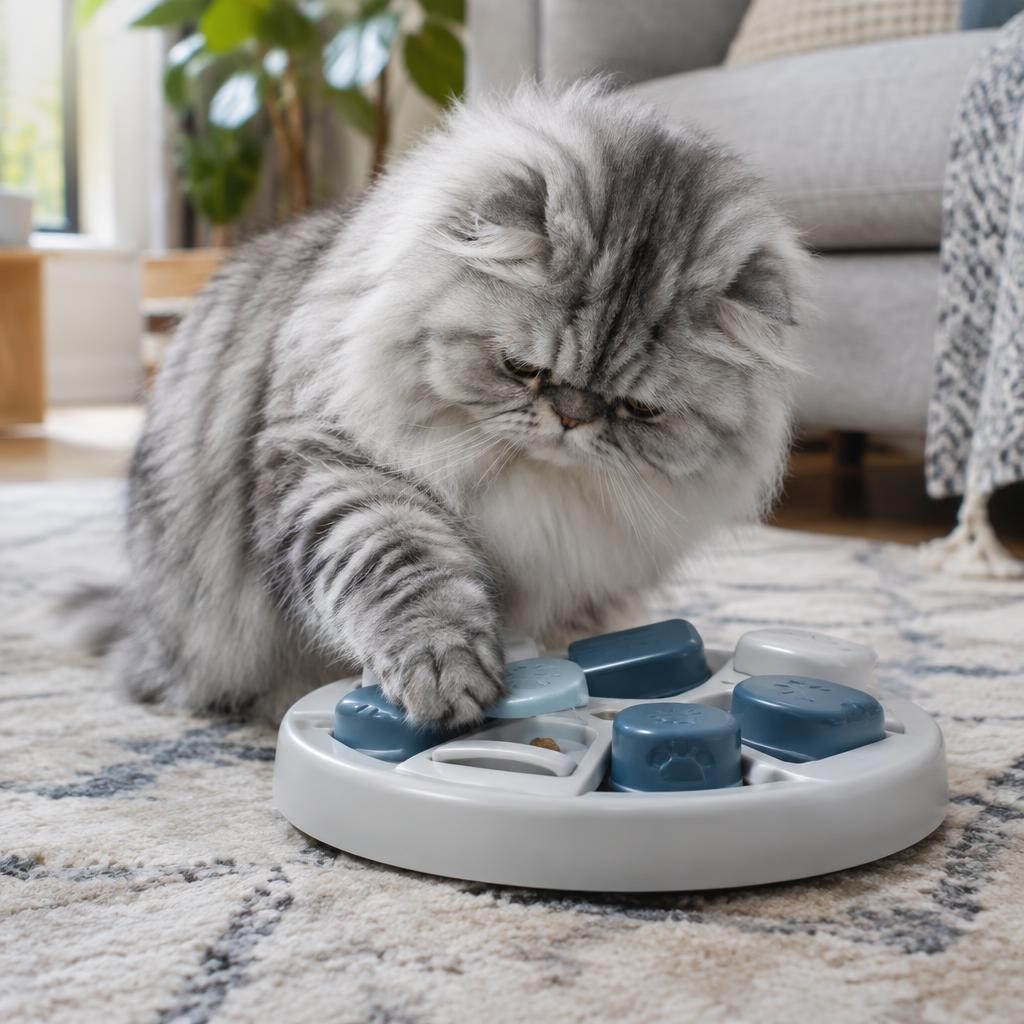 A silver tabby Persian cat pawing at a treat puzzle feeder on a living room rug