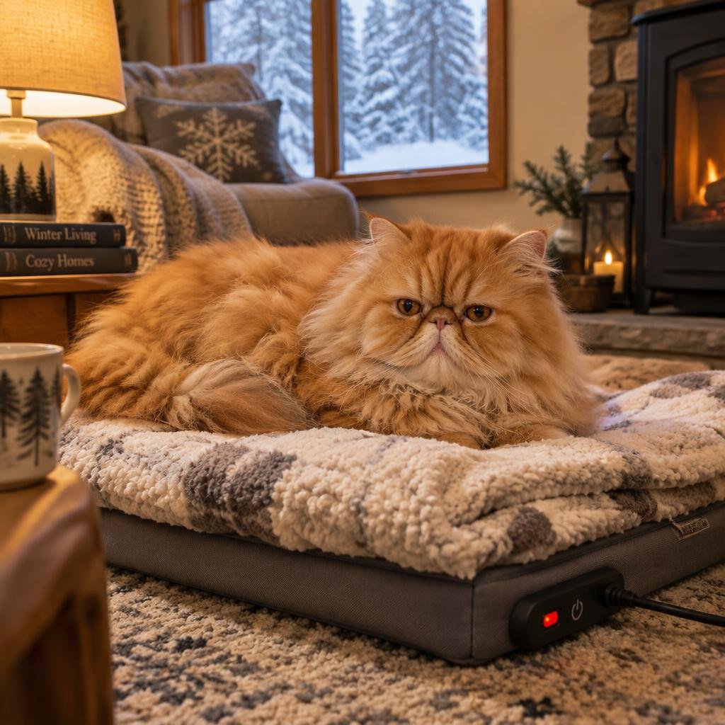 An orange Persian cat resting on a blanket over a low-heat pet pad