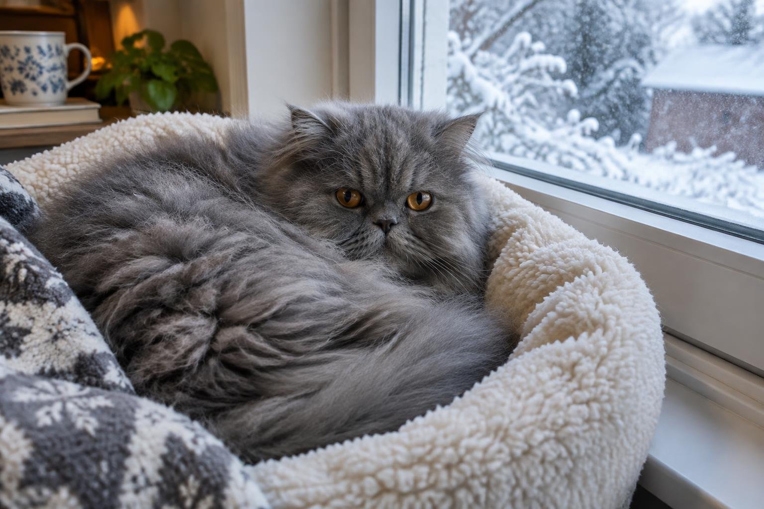 A blue-grey Persian cat curled in a fleece bed beside a snowy window