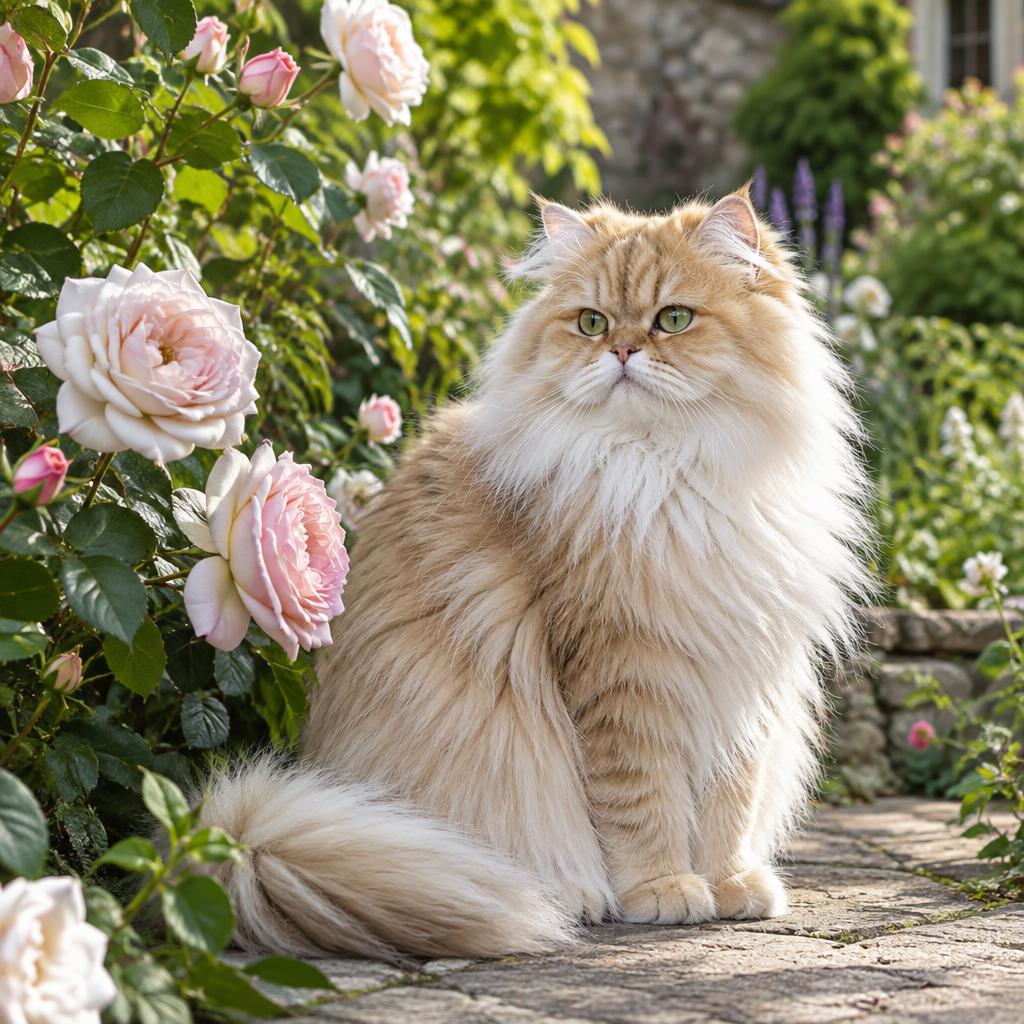 A fluffy cream-and-gold Persian cat with copper eyes