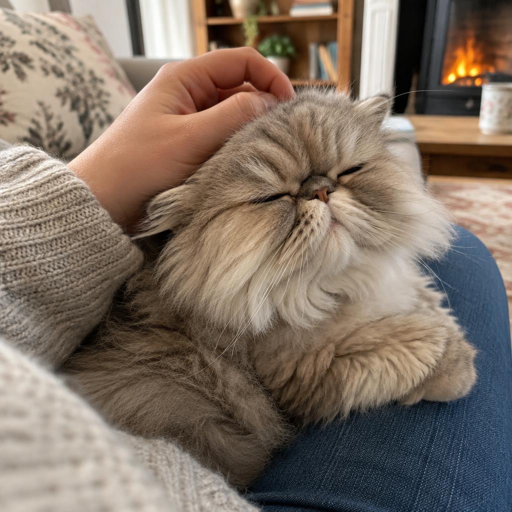 A Persian cat purring contentedly while being petted on a lap
