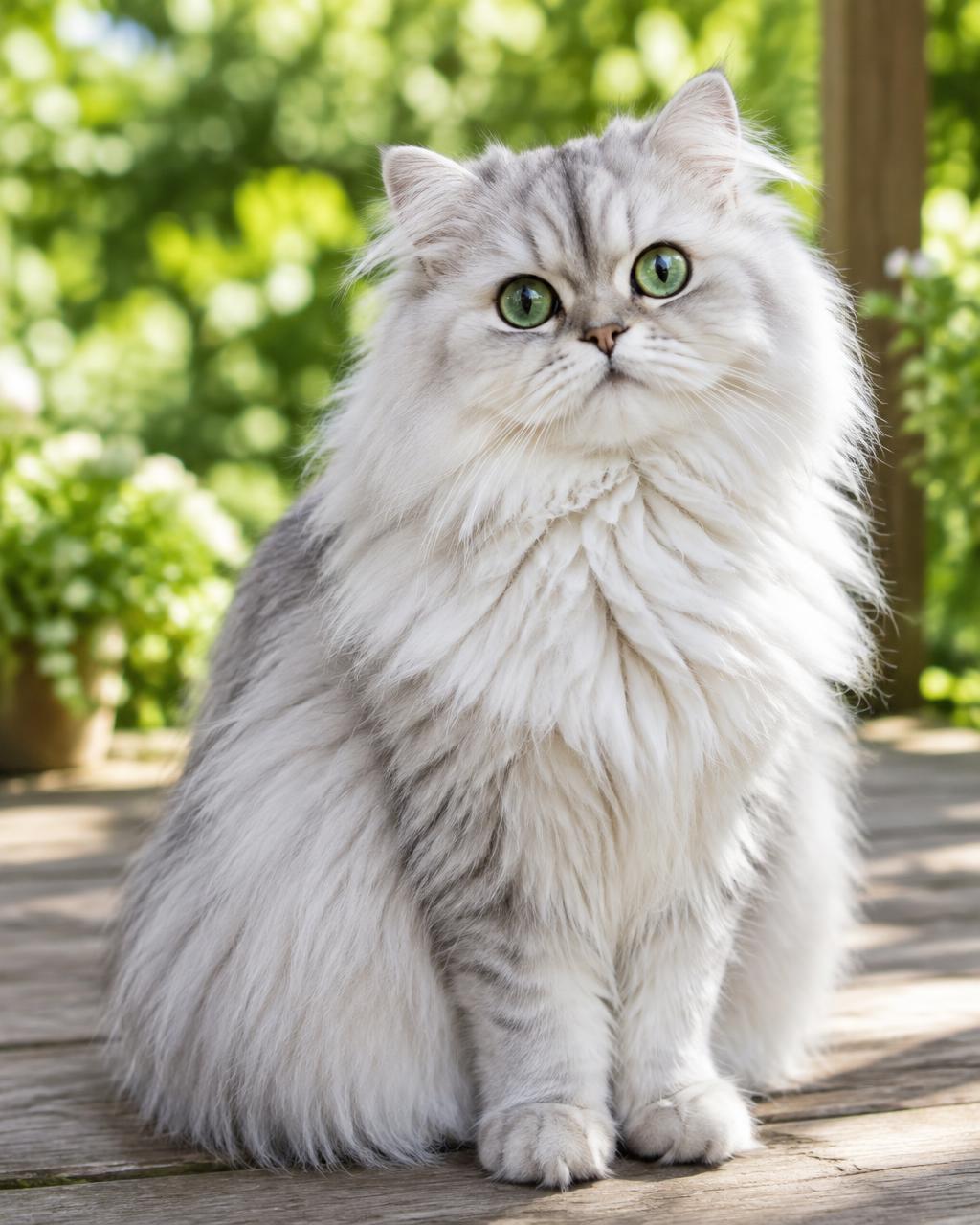 A silver chinchilla Persian cat with a long flowing coat and green eyes sitting outside