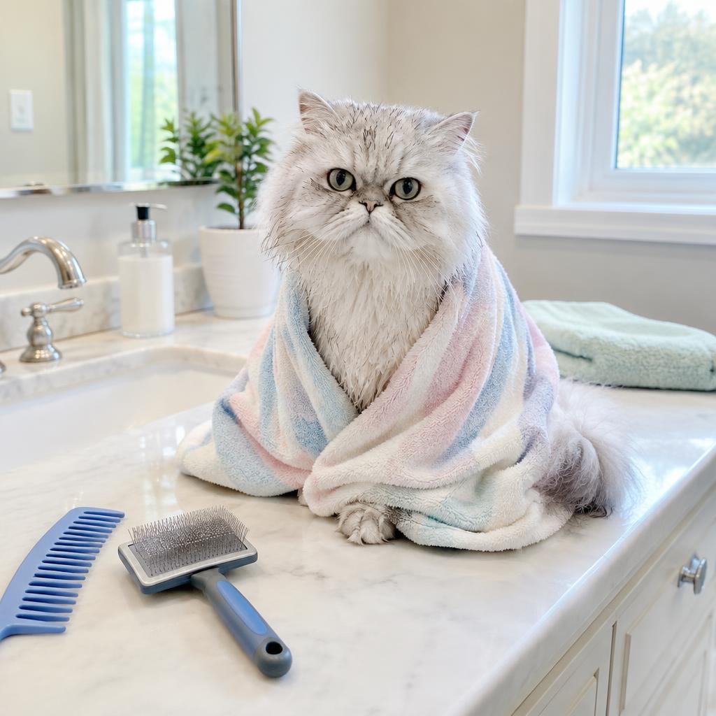A silver Persian cat wrapped in a soft towel after a bath beside a comb and slicker brush
