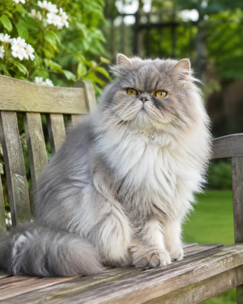 A blue-cream Persian cat sitting on a wooden garden bench