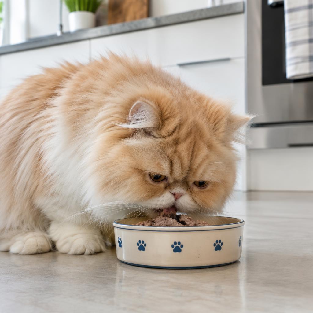 A Persian cat eating wet food from a ceramic bowl in a kitchen