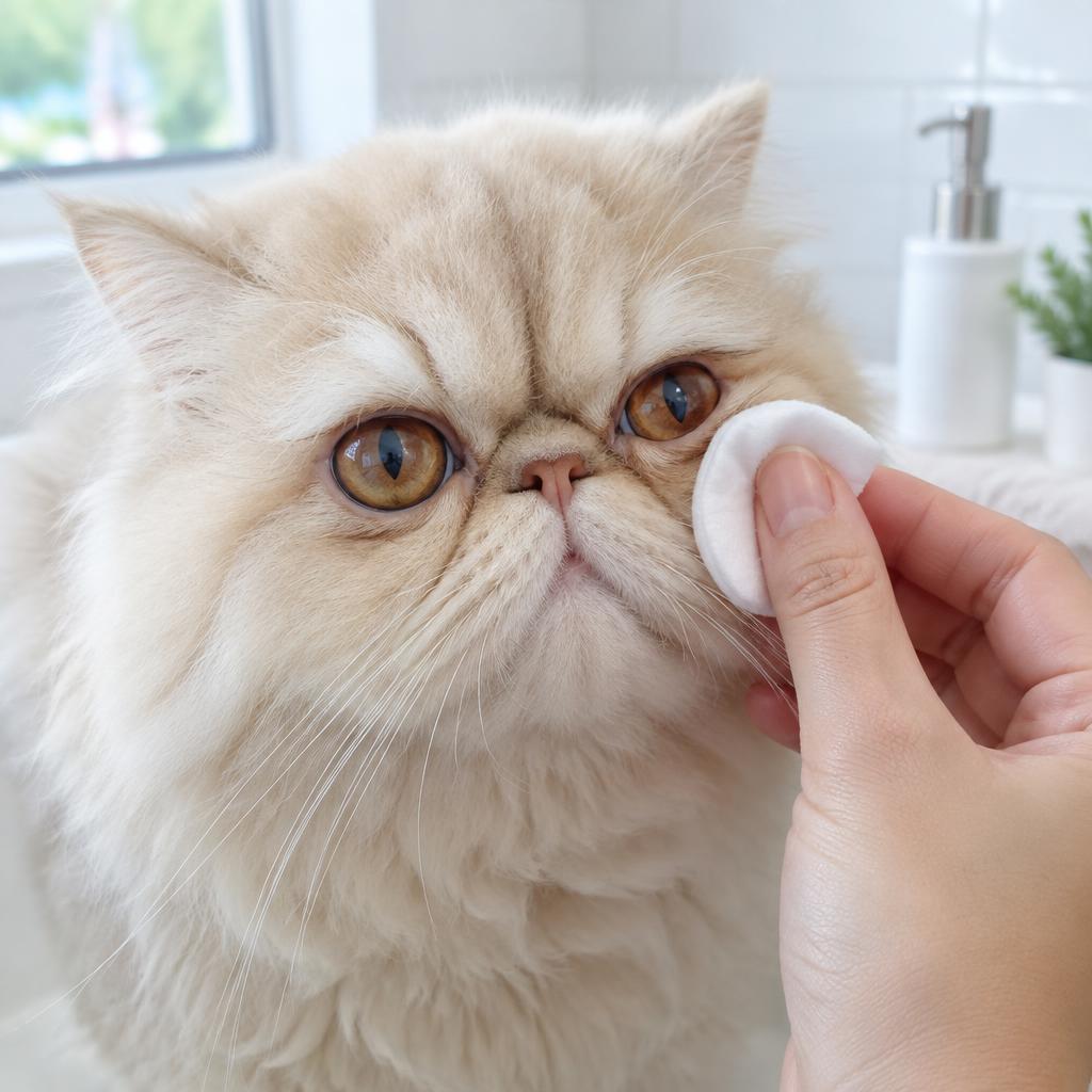 A cream Persian cat having the fur under its eyes gently wiped with a cotton pad