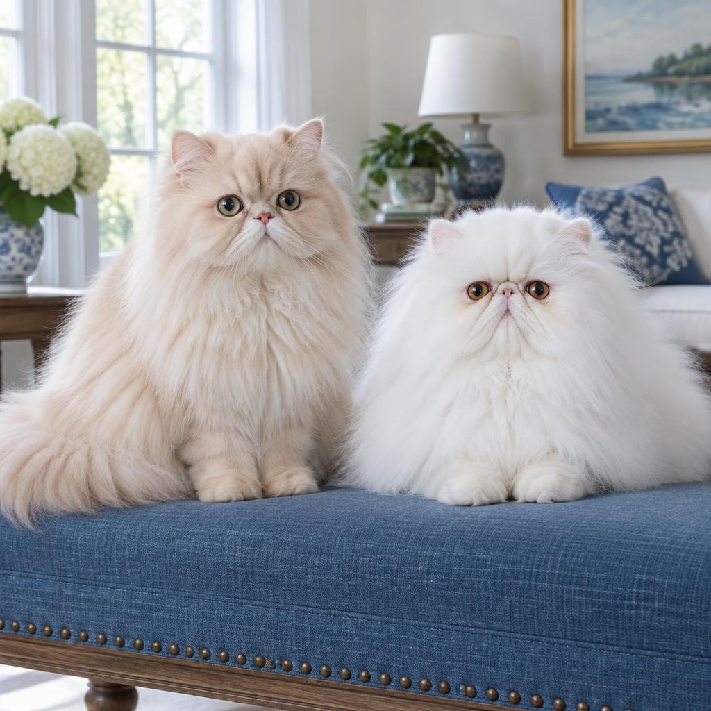 A traditional doll face cream Persian cat beside a show-style flat face white Persian cat