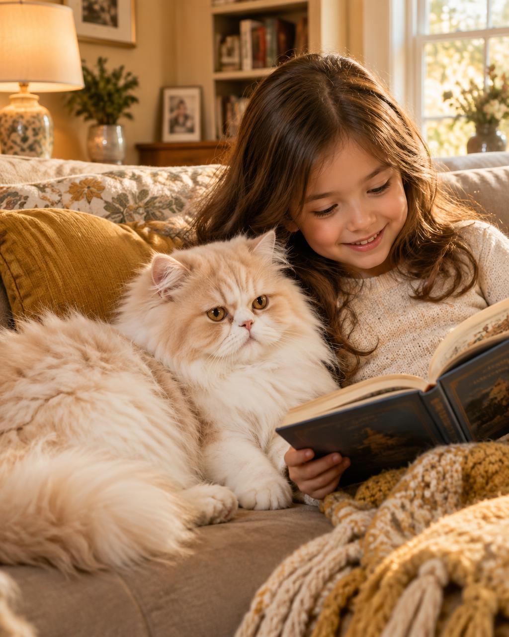 A cream Persian cat relaxing on a sofa beside a child reading a book in a warm family living room