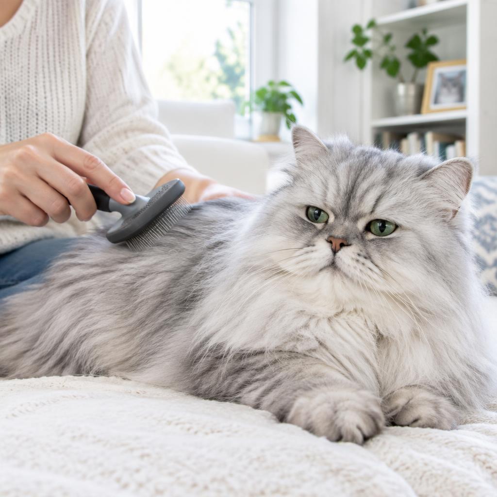 A silver Persian cat being gently brushed at home