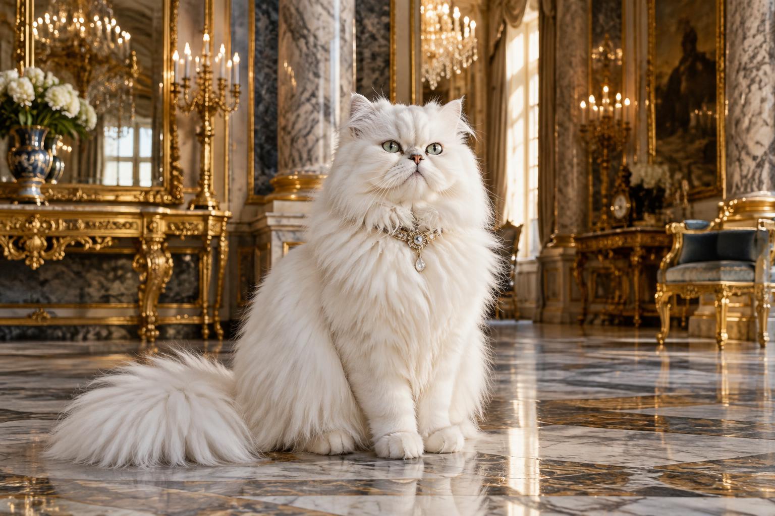 A regal white Persian cat sitting proudly in an ornate palace interior with gilded mirrors