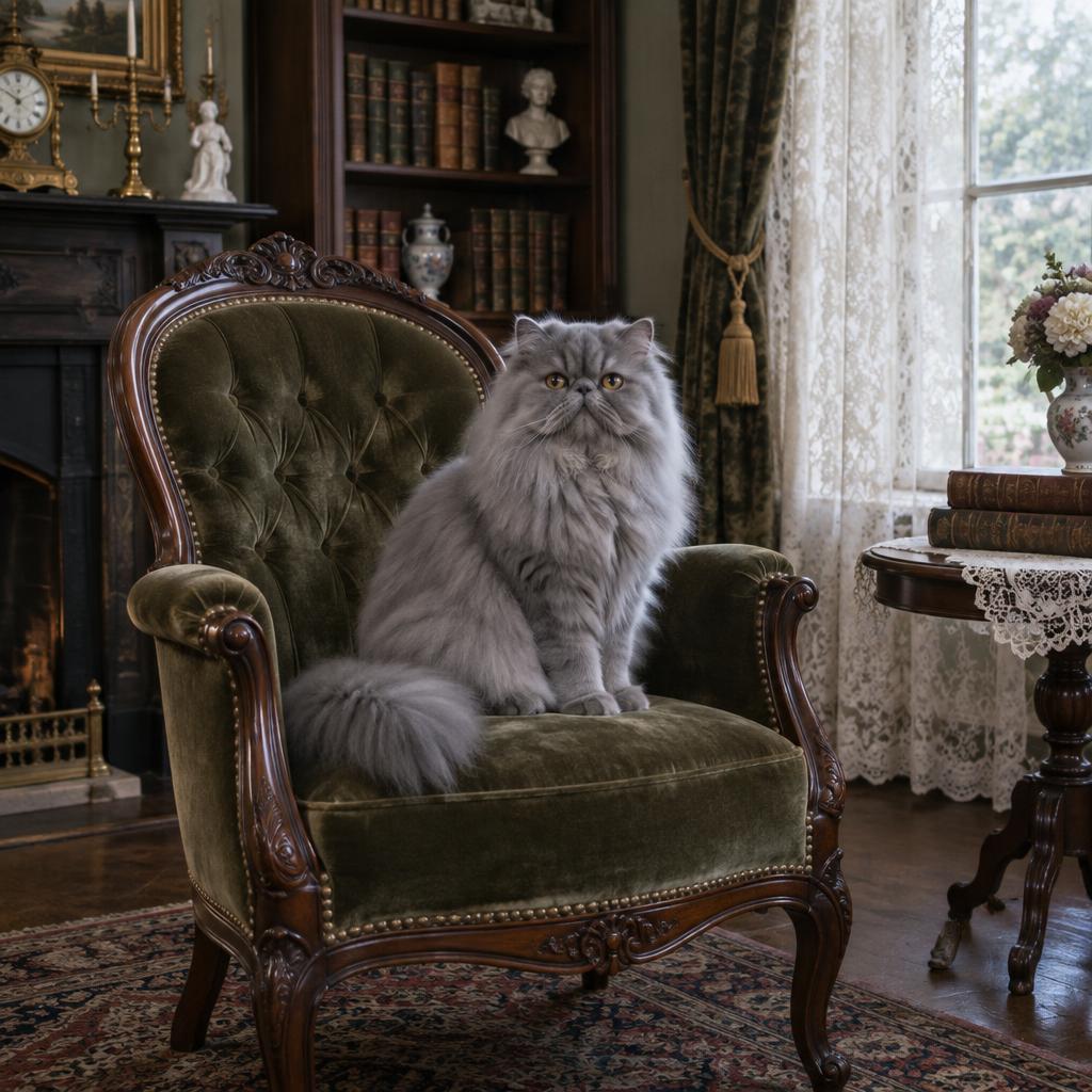 A blue-grey Persian cat sitting elegantly on an antique velvet armchair in a Victorian parlor
