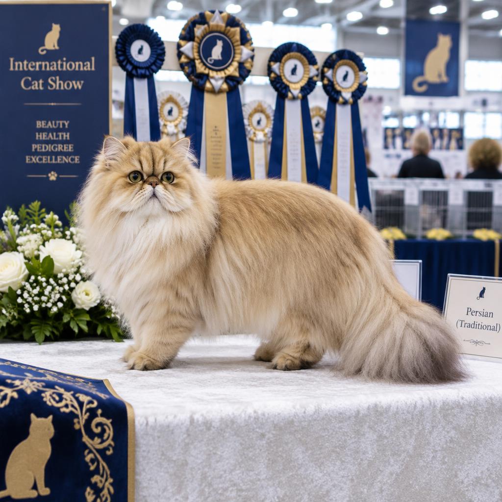 A golden Persian cat posed gracefully on a judging table at an elegant indoor feline show