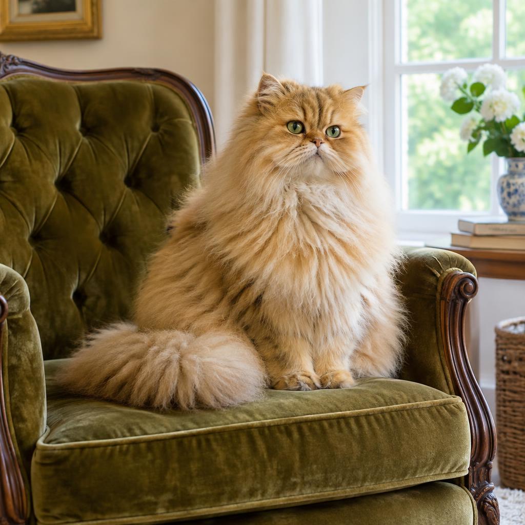 A golden Persian cat sitting regally on a velvet armchair in a bright living room