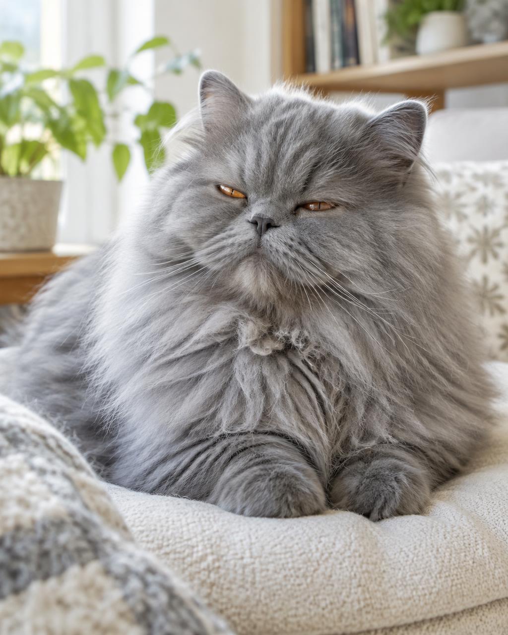 A blue-gray Persian cat resting calmly on a soft cushion with relaxed, content body language