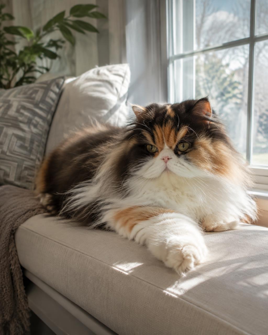 A calico Persian cat lounging calmly on a sunny window seat