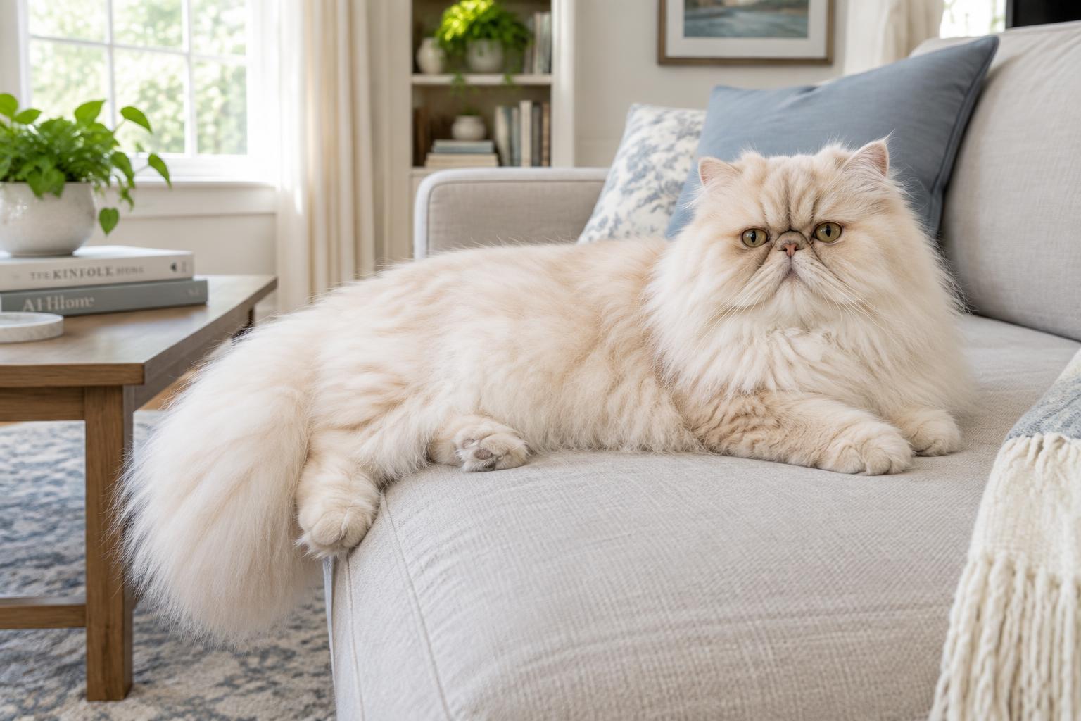 A cream Persian cat lounging calmly on a sofa in a bright living room
