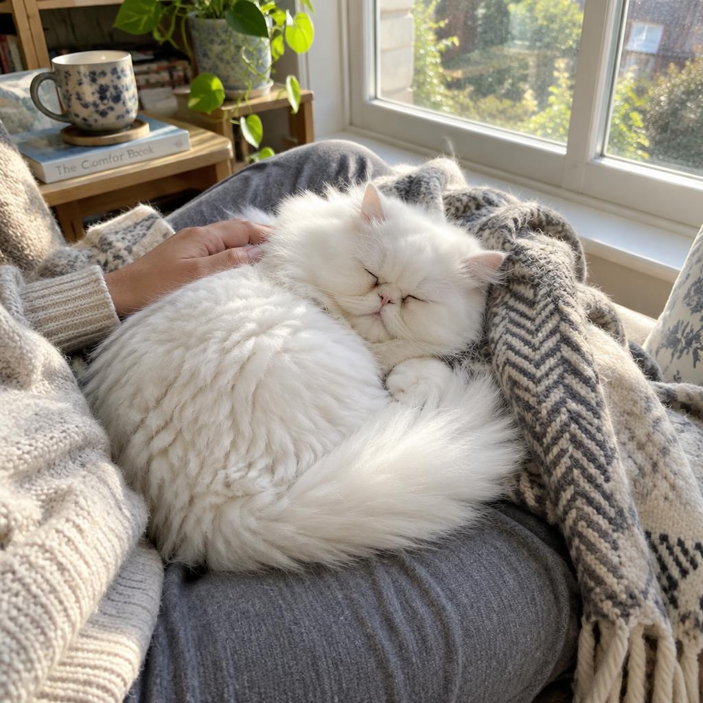 A white Persian cat curled up peacefully on its owner's lap beside a sunny window