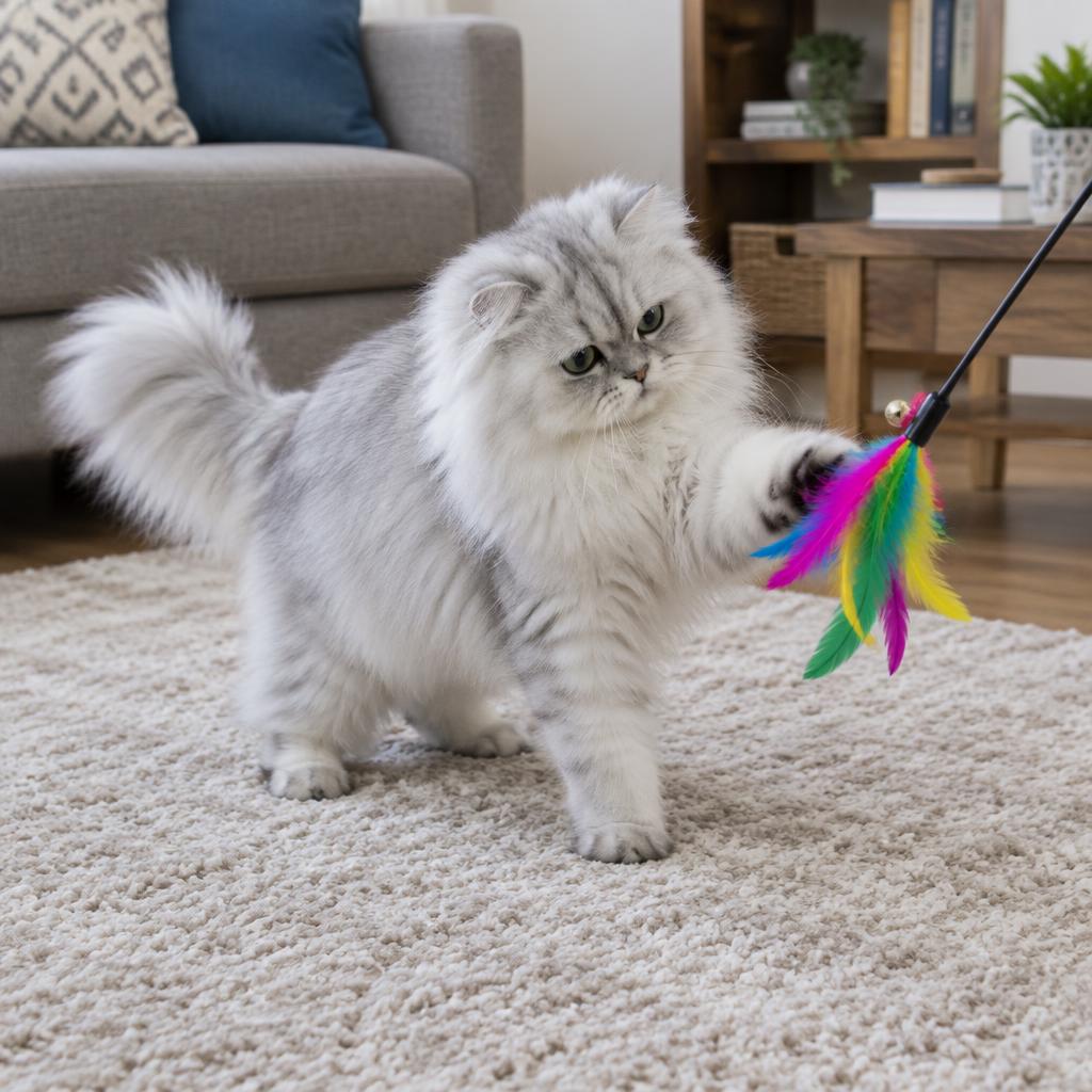 A silver Persian cat gently playing with a colorful feather wand toy on a carpet