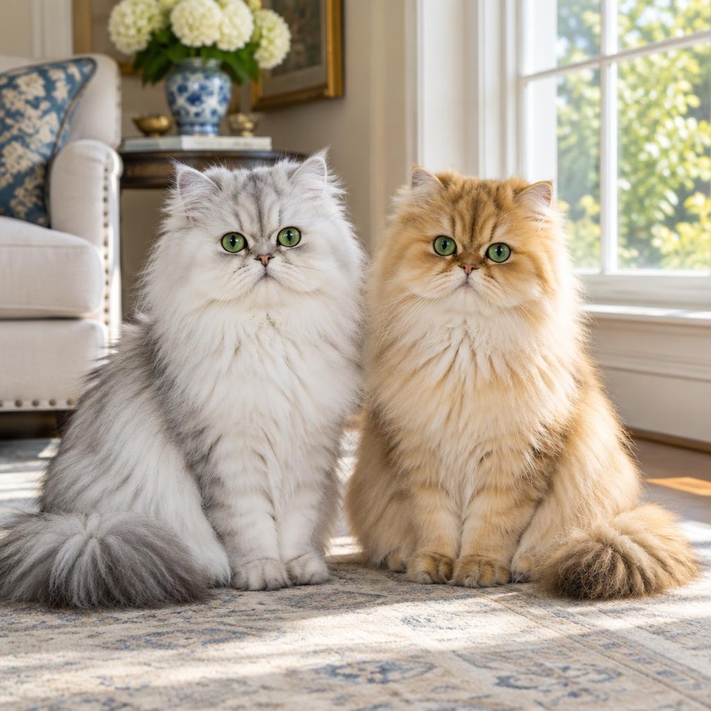 A chinchilla silver Persian cat and a golden Persian cat sitting together by a sunny window